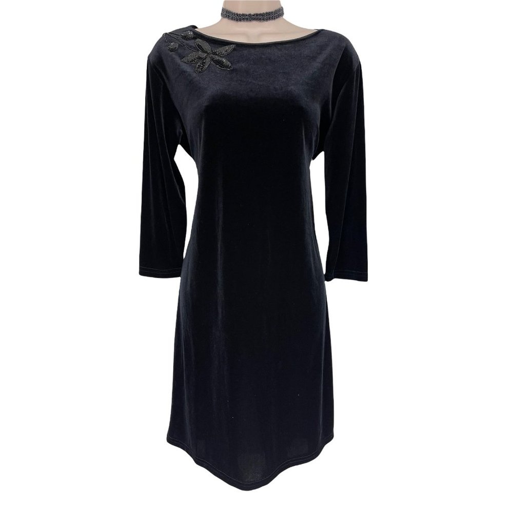 Size Large NWT BLACK VELVET DRESS W/SEQUIN FLOWER Christmas Holiday Velour NEW